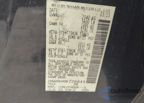 2013 Nissan Frontier Pro-4X z USA, uszkodzony, nr VIN 1N6AD0EV4DN726849